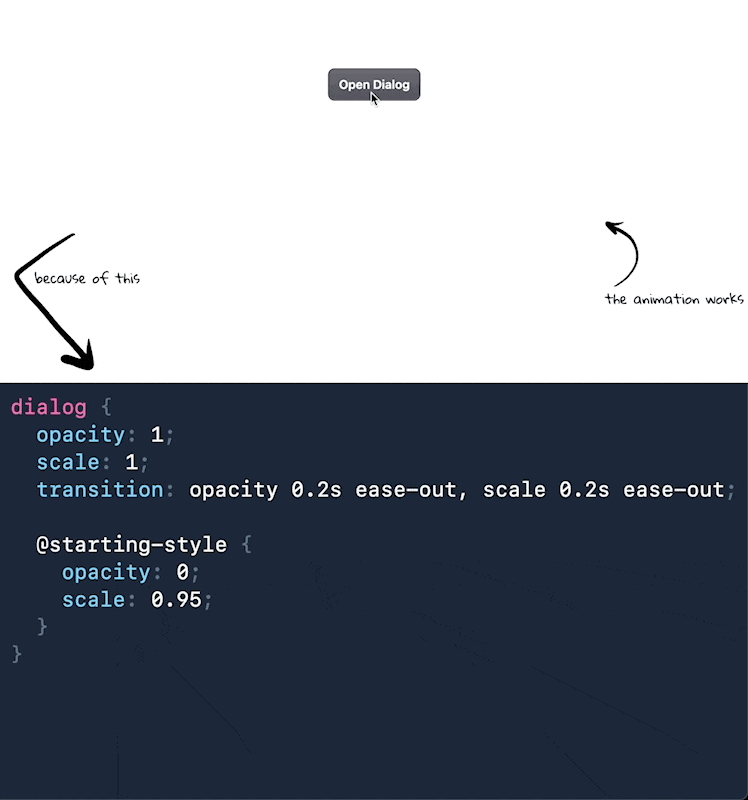 A dialog opening with a smooth fade-in and scale animation